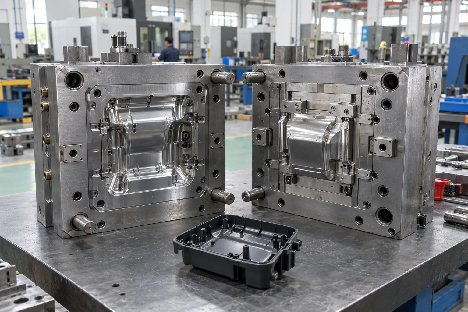 Open precision injection mold showing its cavity and core