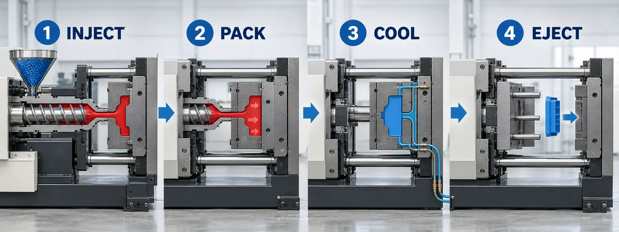 Four-stage plastic injection molding cycle diagram