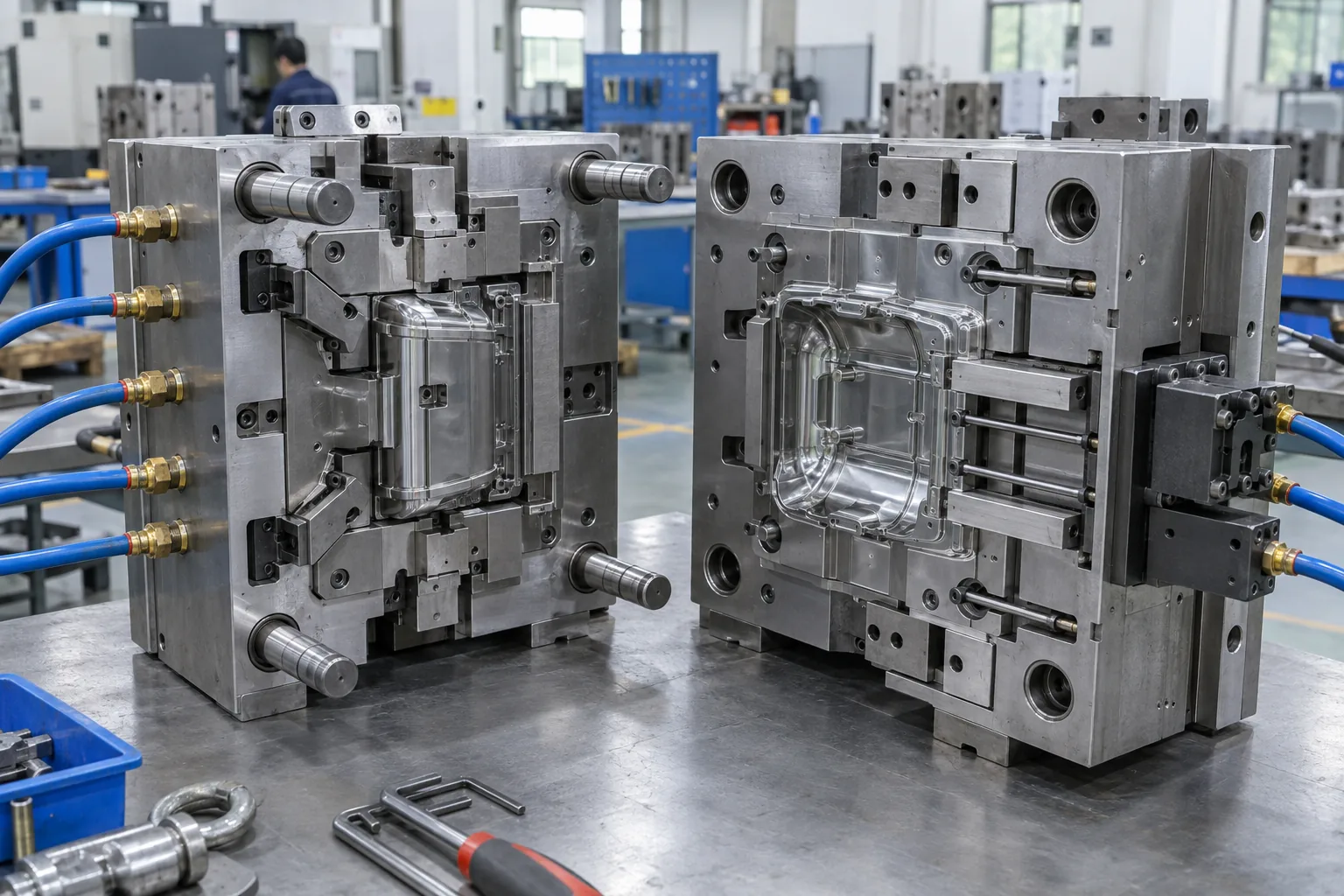 Precision injection mold with core cavity slides and cooling lines