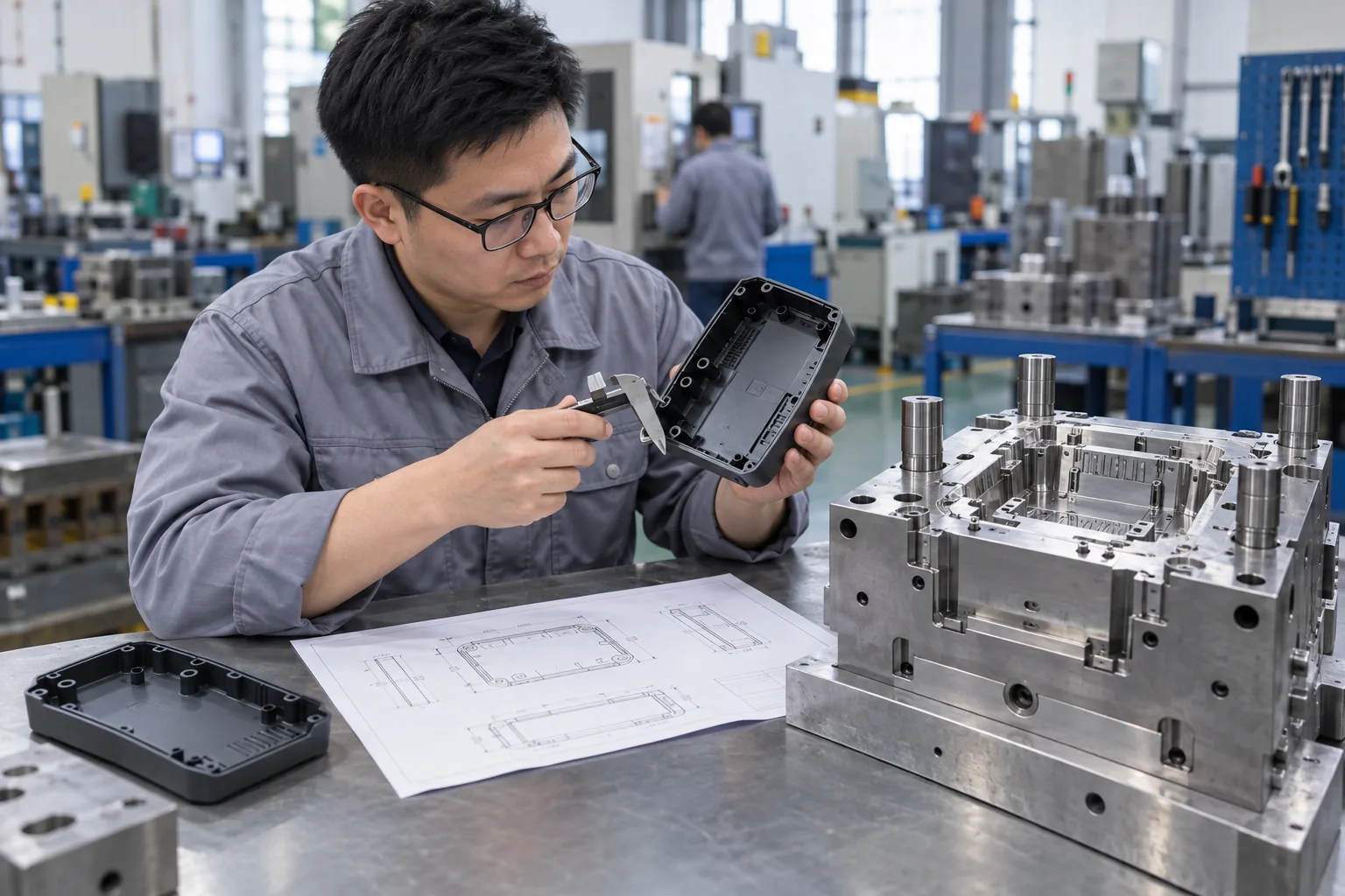 Engineer reviewing a molded housing and mold during DFM