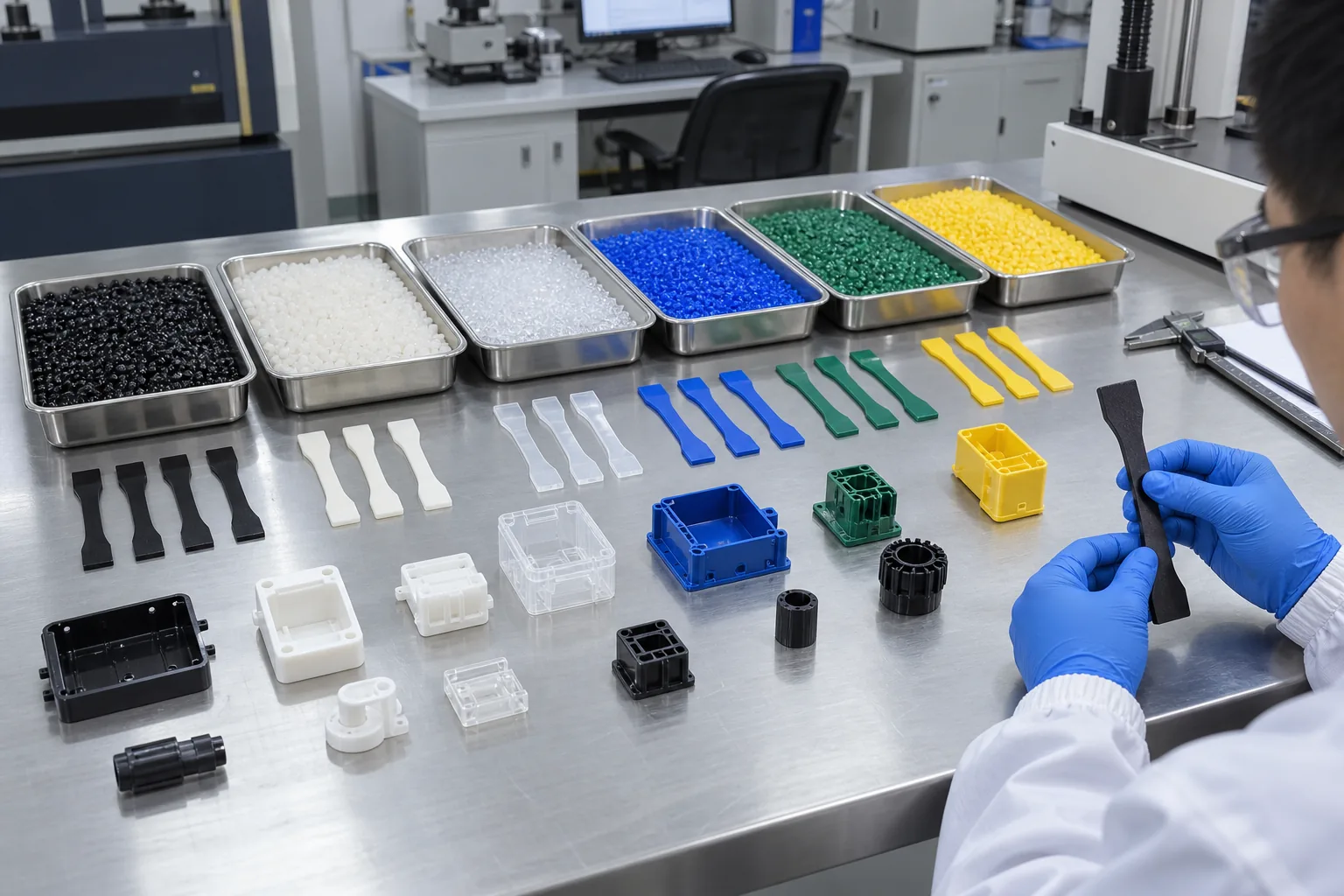 Plastic resin pellets and molded material test parts