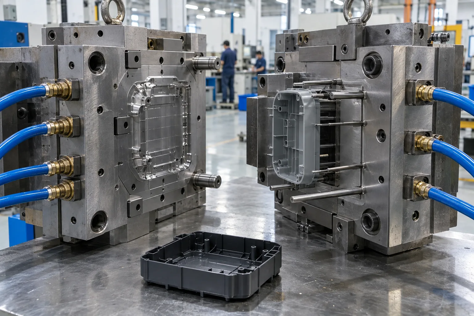 Injection mold with cooling lines vents and ejector system