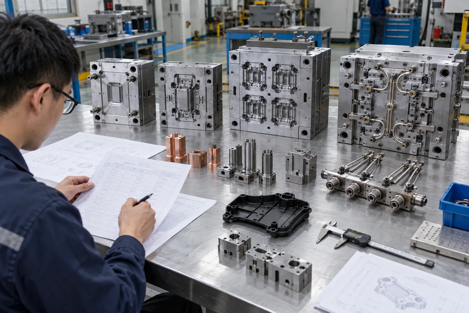 Tooling engineer reviewing injection mold cost factors