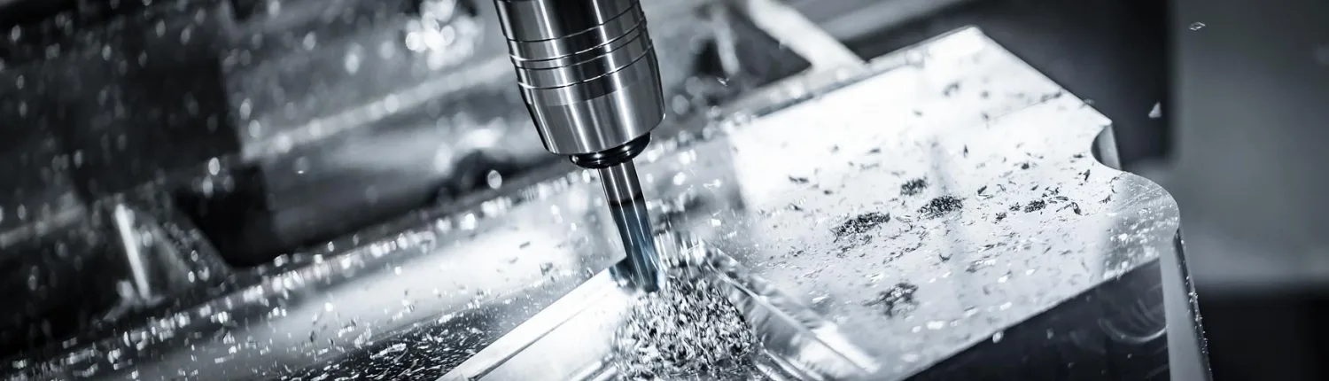 CNC milling process with coolant on a metal workpiece